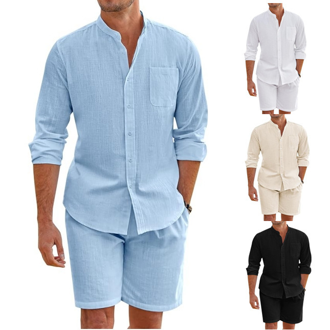 Amazon Men's Summer Two-Piece Polyester Button-Up Shirt Long-Sleeved Shorts Cardigan Simple Casual Beach Wear