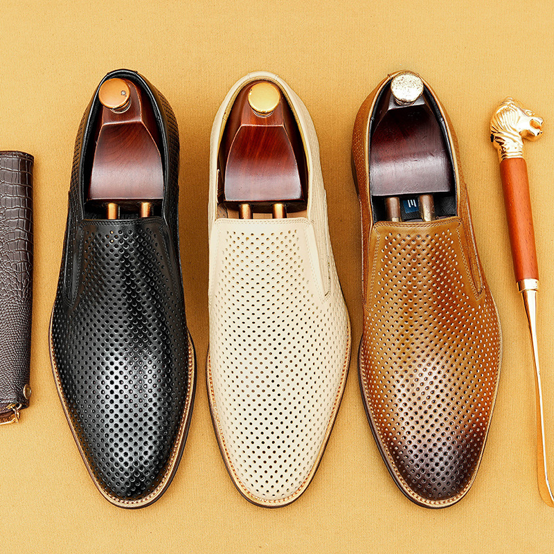 [Vip Exclusive] Men's Leather Shoes Hollow Genuine Leather Men's Shoes Summer Slip-On Business Casual Shoes Soft Sole Breathable Shoes