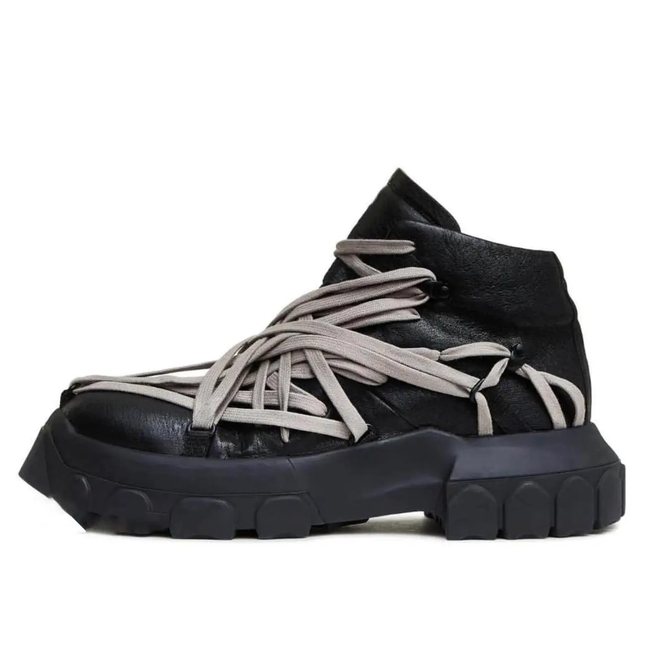 Dark Style Five-Pointed Star Handmade Lace-Up Crazy Strap Boots for Men and Women, Cowhide Thick-Soled Boots with Octopus Sole, Height-Increasing Short Boots