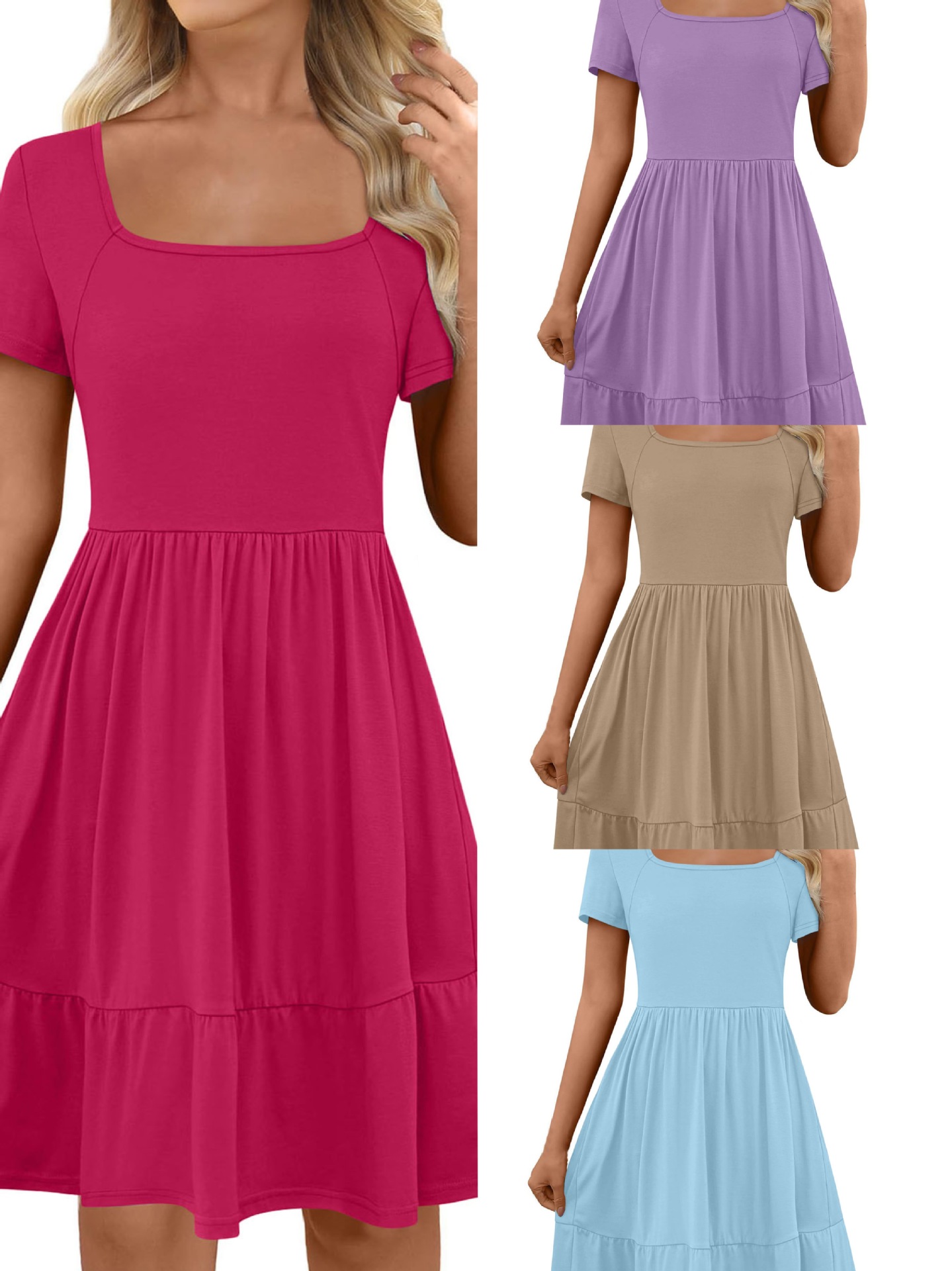 European and American Cross-Border Amazon Temuwish Xiyin Export Women's Pure Color Double Side Flap Pocket Pants Square Neck Short-Sleeved Dress