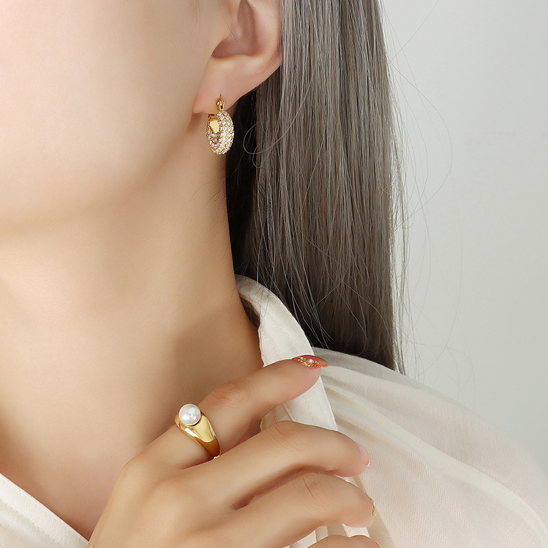 All-Match Earrings U-Shaped Full Diamond Zircon Exaggerated Evening Jewelry Light Luxury Earrings Titanium Steel Girl's Tanabata Gift F157
