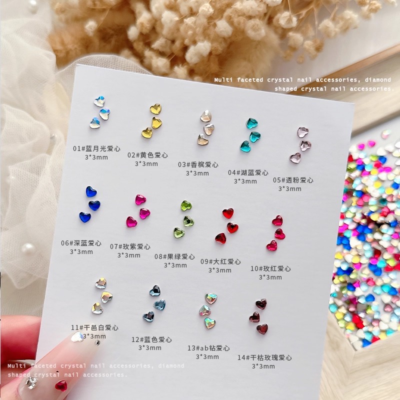Popular Nail Art Mini Heart-Shaped Rhinestones 3mm Flat-Bottom Super Shiny Internet Celebrity Style Nail Crystal Decorations Wholesale