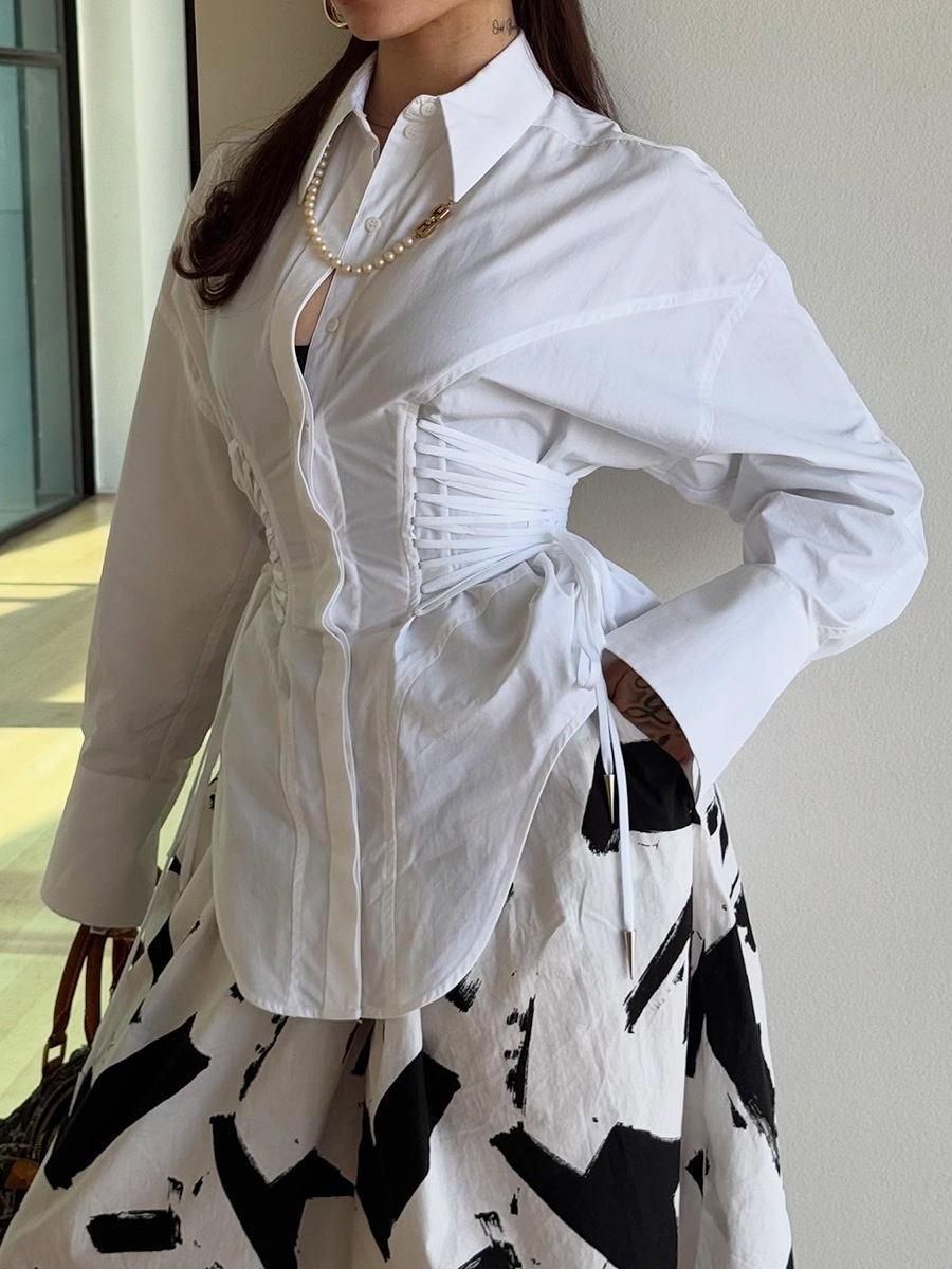 Fashionable Casual Shirt for Women 2026 Summer New Style Tie-Waist Slimming Cardigan High-End Versatile Turn-Down Collar Shirt