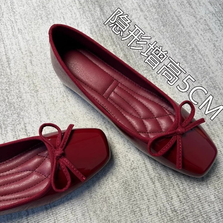 Sheepskin~ Invisible 5cm Height-Increasing Shoes Versatile Bowknot Flats Women's Square-Toe Genuine Leather Shallow Ballet Flats