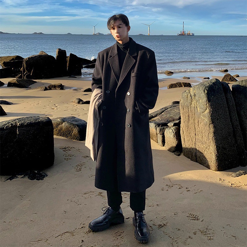 Winter Men's Korean Style Woolen Medium Coat Men's Spring and Autumn Winter Warm Military Winter Coat Sense Medium and Long British Coat