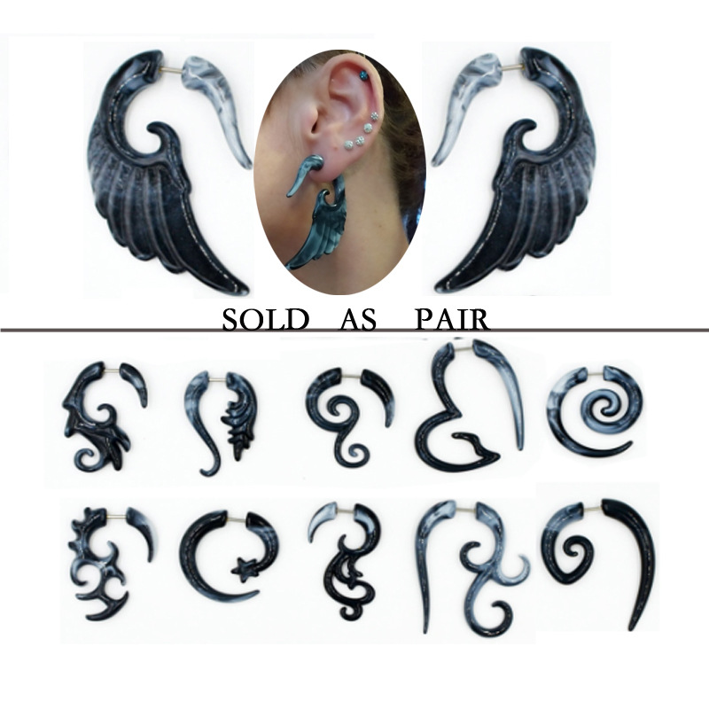 Cross-border shaped false auricle acrylic gray-black wings stud earrings stainless steel perforated earrings