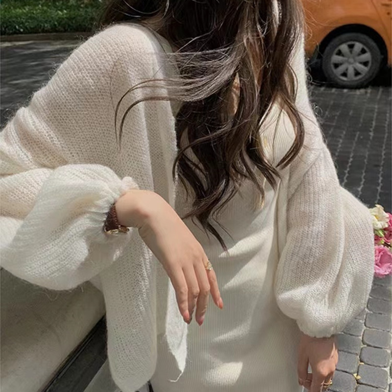 Mohair Knitted Cardigan Women's Summer Thin Sunscreen Blouse Halter Skirt Outer Shawl Short Coat Gentle Top