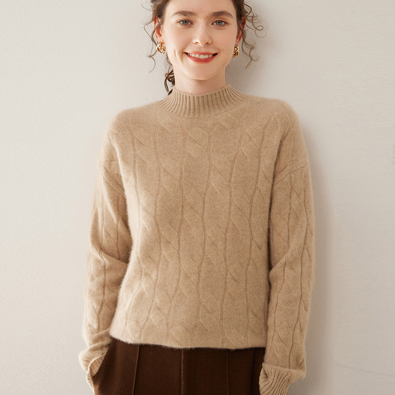 Three-Layer Thickened Half-High Collar Cashmere Sweater for Women, Cable Knit, Loose Fit, Slimming, Autumn and Winter, Lazy Style