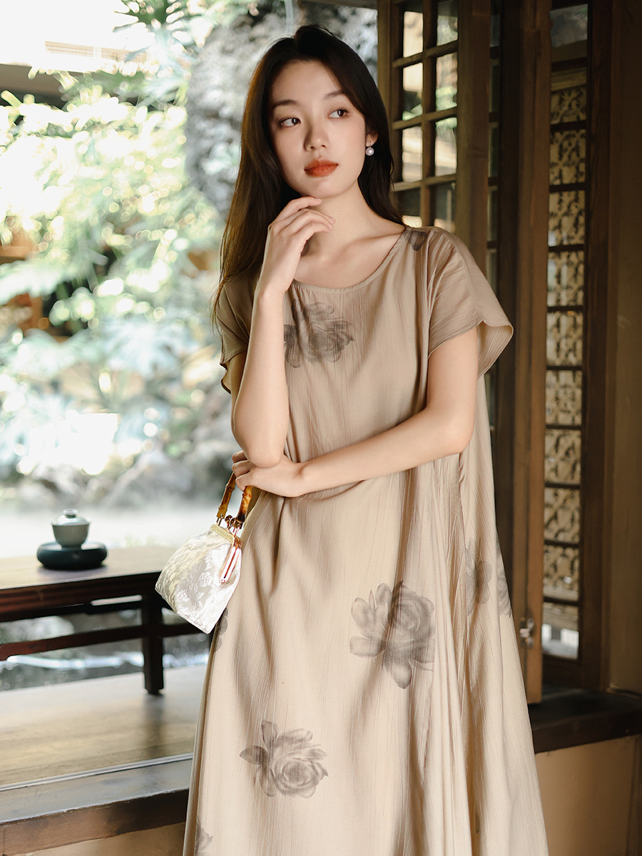 Women's 2025 new summer short sleeve dress women's high-grade temperament printed split skirt a generation of hair