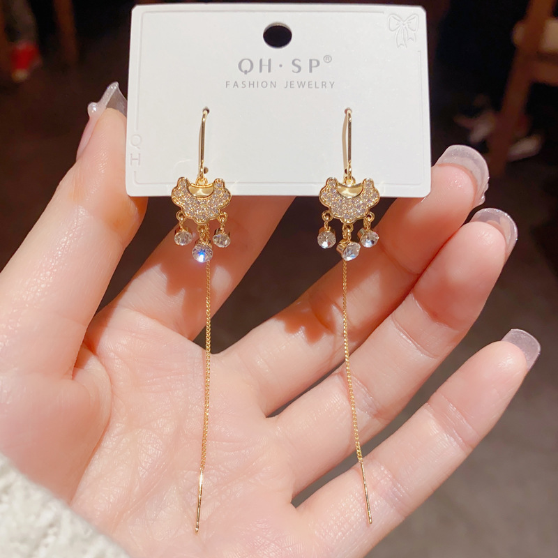 TikTok Internet Celebrity Same Style Zircon Water Drops Safe Lock Ear Line Female Style Light Luxury Chinese Style Niche High-end Earrings