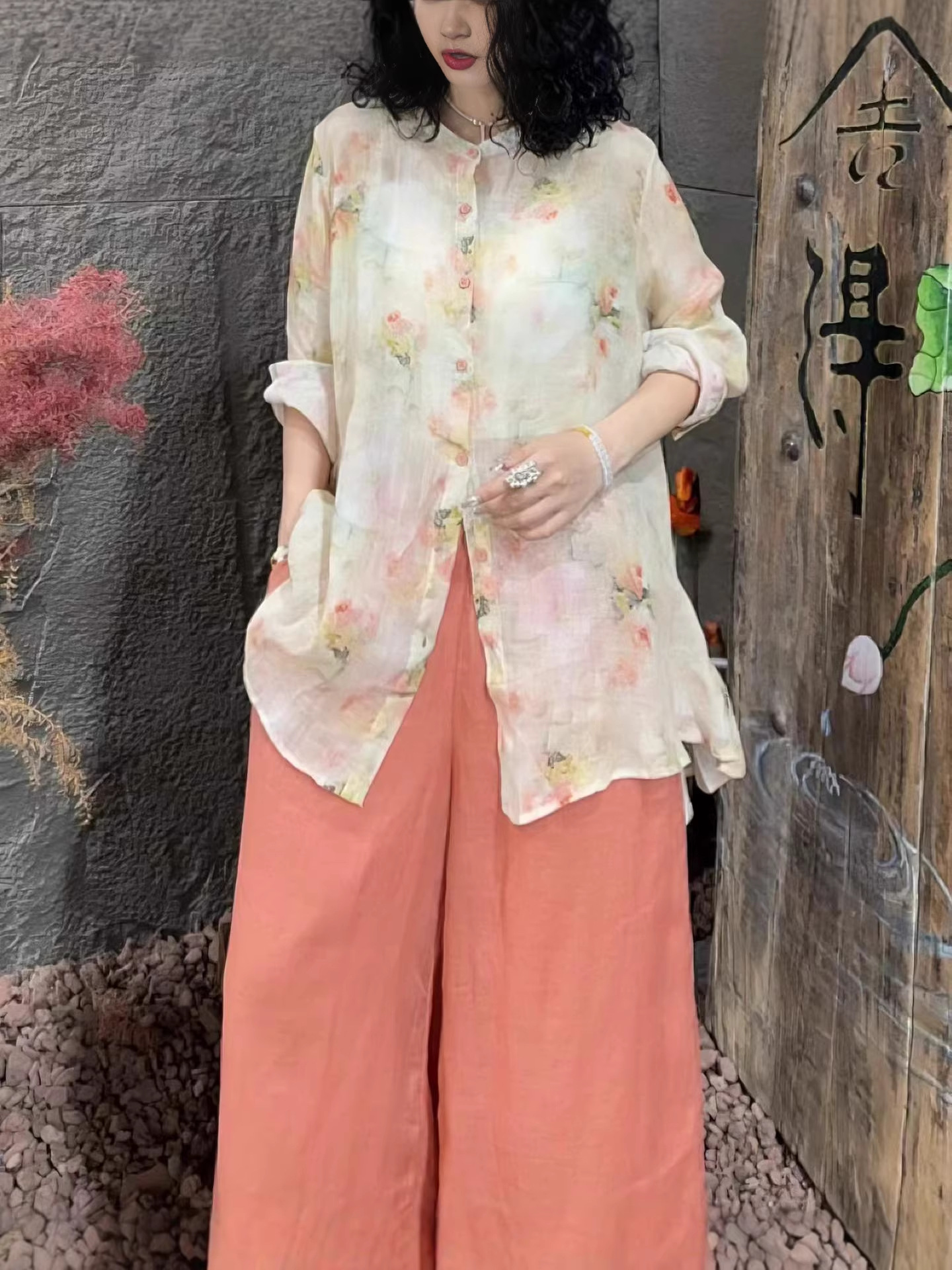 2026 Spring New Style Ramie Printed Mid-Length Shirt for Women, Loose Stand Collar, National Style Retro Artistic Cardigan Top