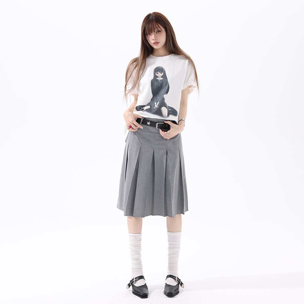 Academy-Style Gray Versatile Skirt for Women, 2026 Summer New High-Waisted Loose A-Line Slimming Pleated Midi Skirt