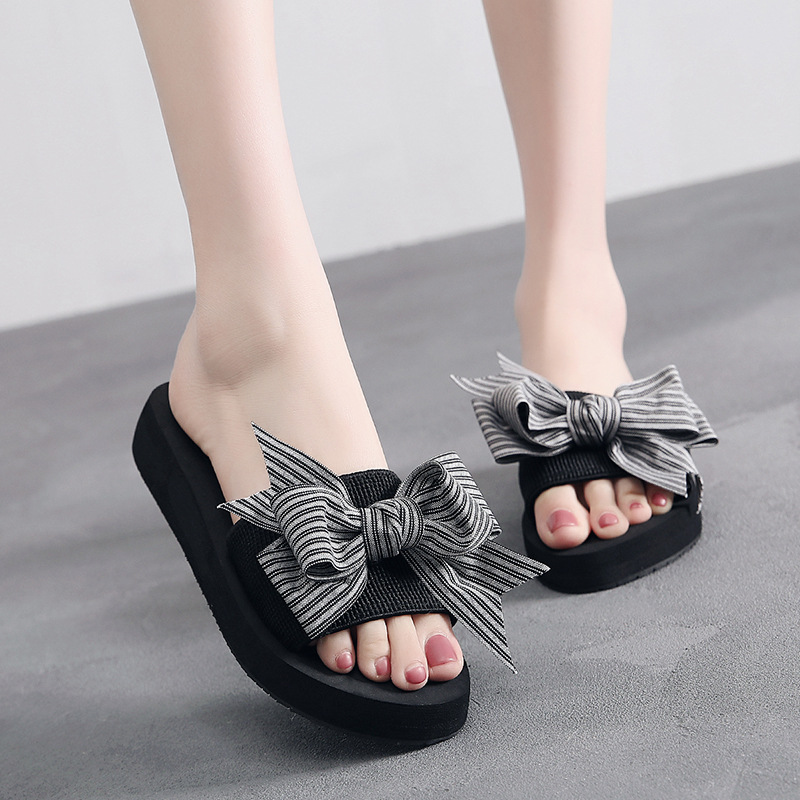 Summer New Handmade Bow Sandals All-match Non-slip Flat Heel Women's Shoes Mid-heel Casual Breathable Beach Sandals