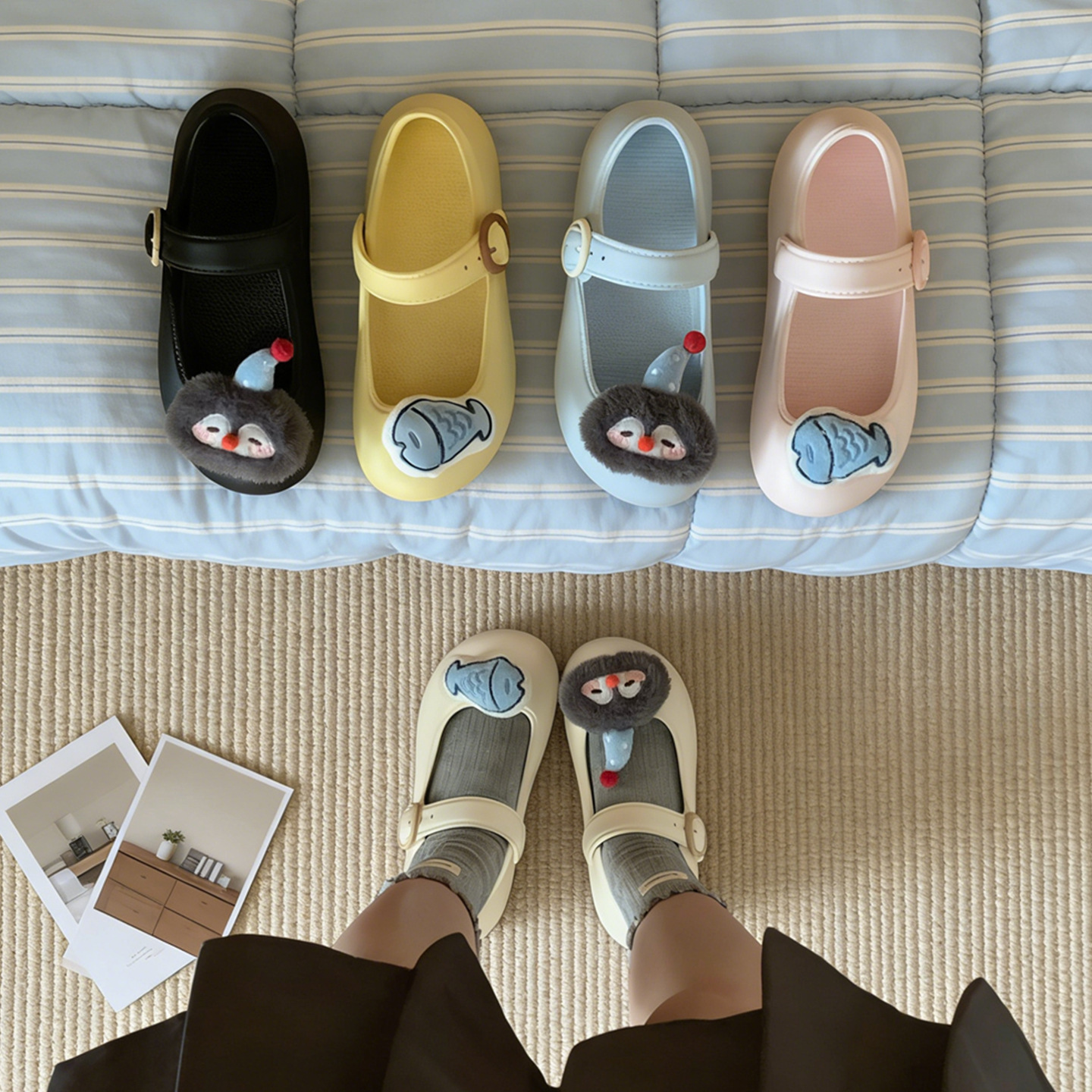 Women's Summer Thick-Soled Mary Jane Shoes with Penguin and Fish Design, Shallow Mouth, Easy to Put on and Take Off, Single-Strap Outdoor Shoes