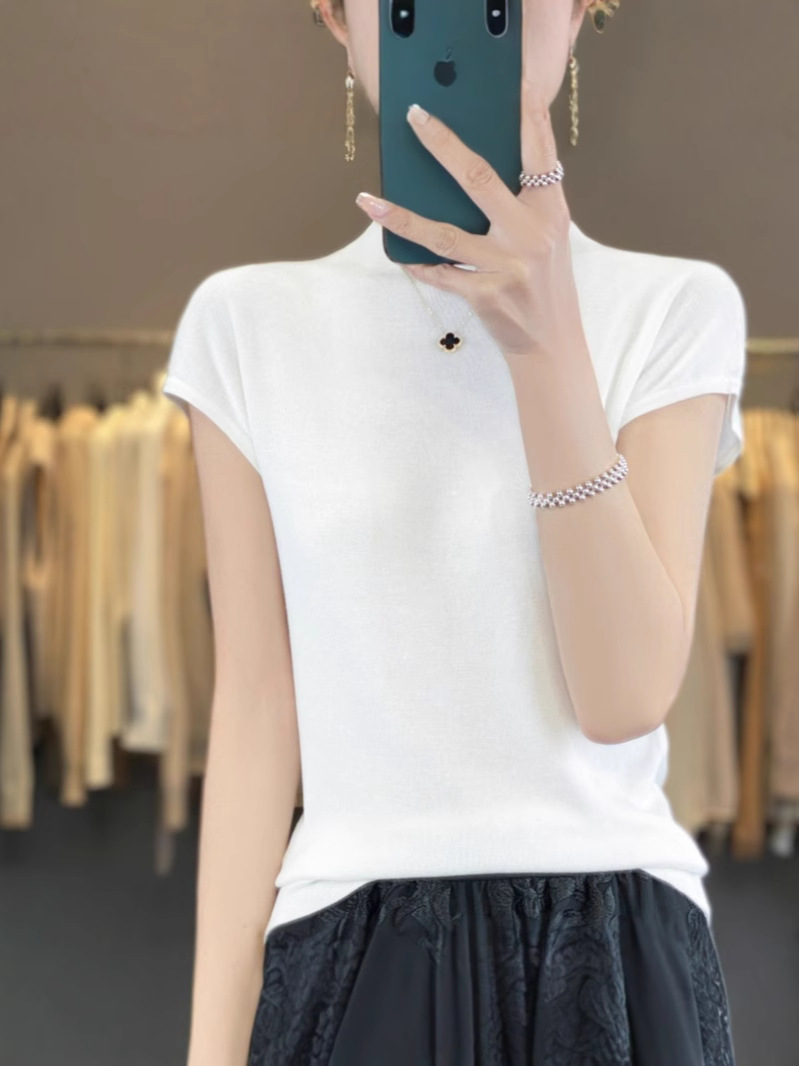 2025 Summer New Tencel Half-high Neck Short-sleeved Vest Women's Base Shirt Mid-neck Thin Knit Top