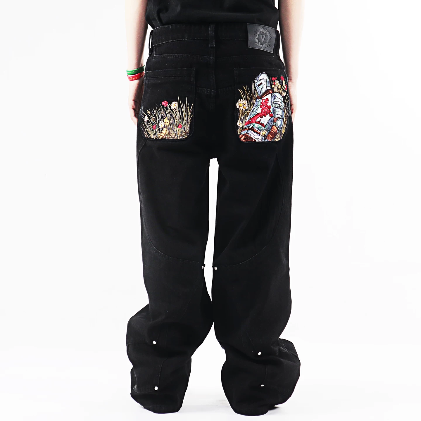 Street Hiphop Heavy Embroidery Splicing Making Old Heavy Retro Fallen Knight Embroidery Horn Cowboy Pants