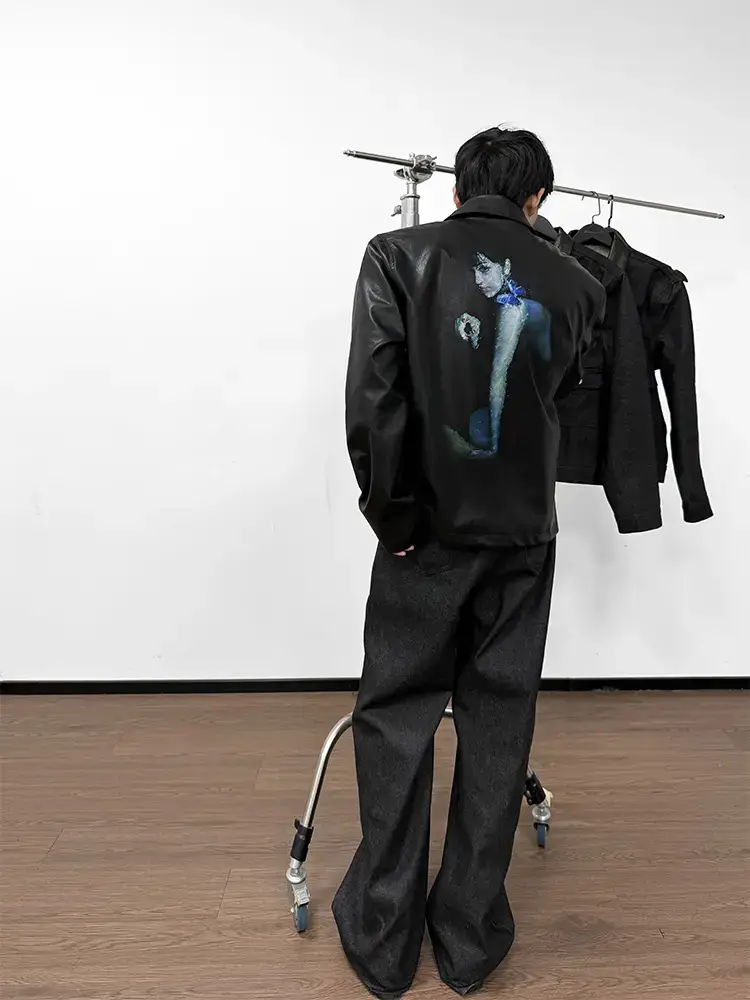 Wanna Lab 25Ss Reverse Butterfly Female Portrait Ultra-Clear Ink Print Textured Leather Jacket Jacket for Men