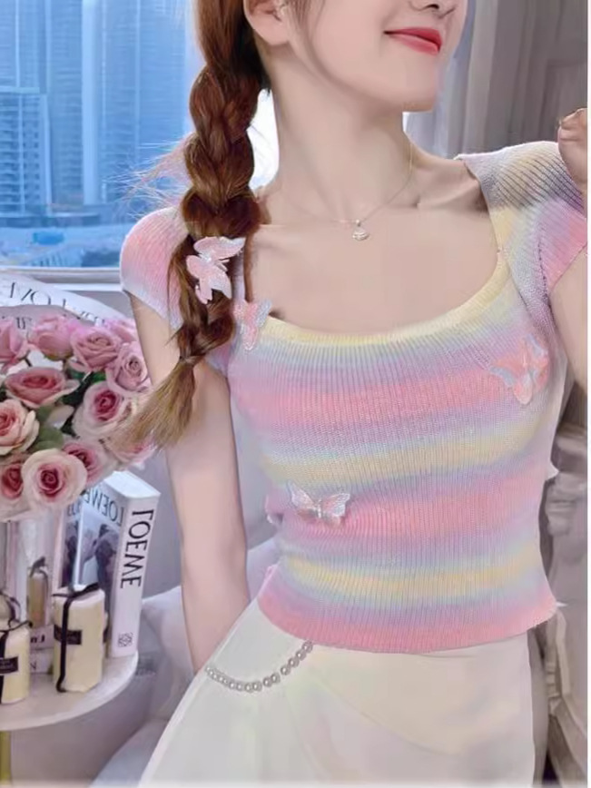 Cross-border French Pure Desire Knitted T-shirt Women's Short-sleeved 2023 Summer New Elegant Top Colorful Butterfly Knitted Shirt