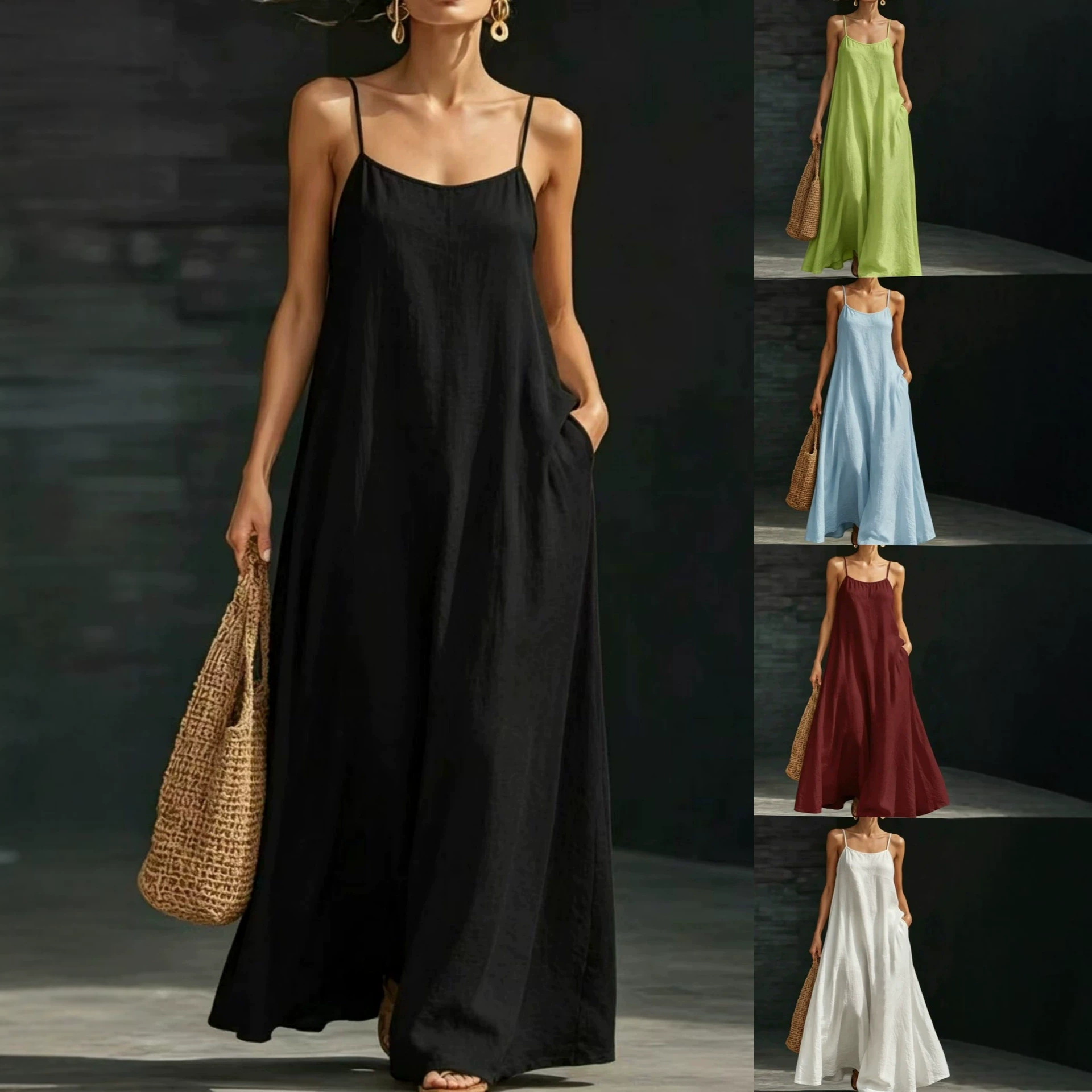 Cross-Border European and American 2026 Summer Beach Strap Dress, Loose and Flowing Casual Strap Long Dress, Vacation Style Dress