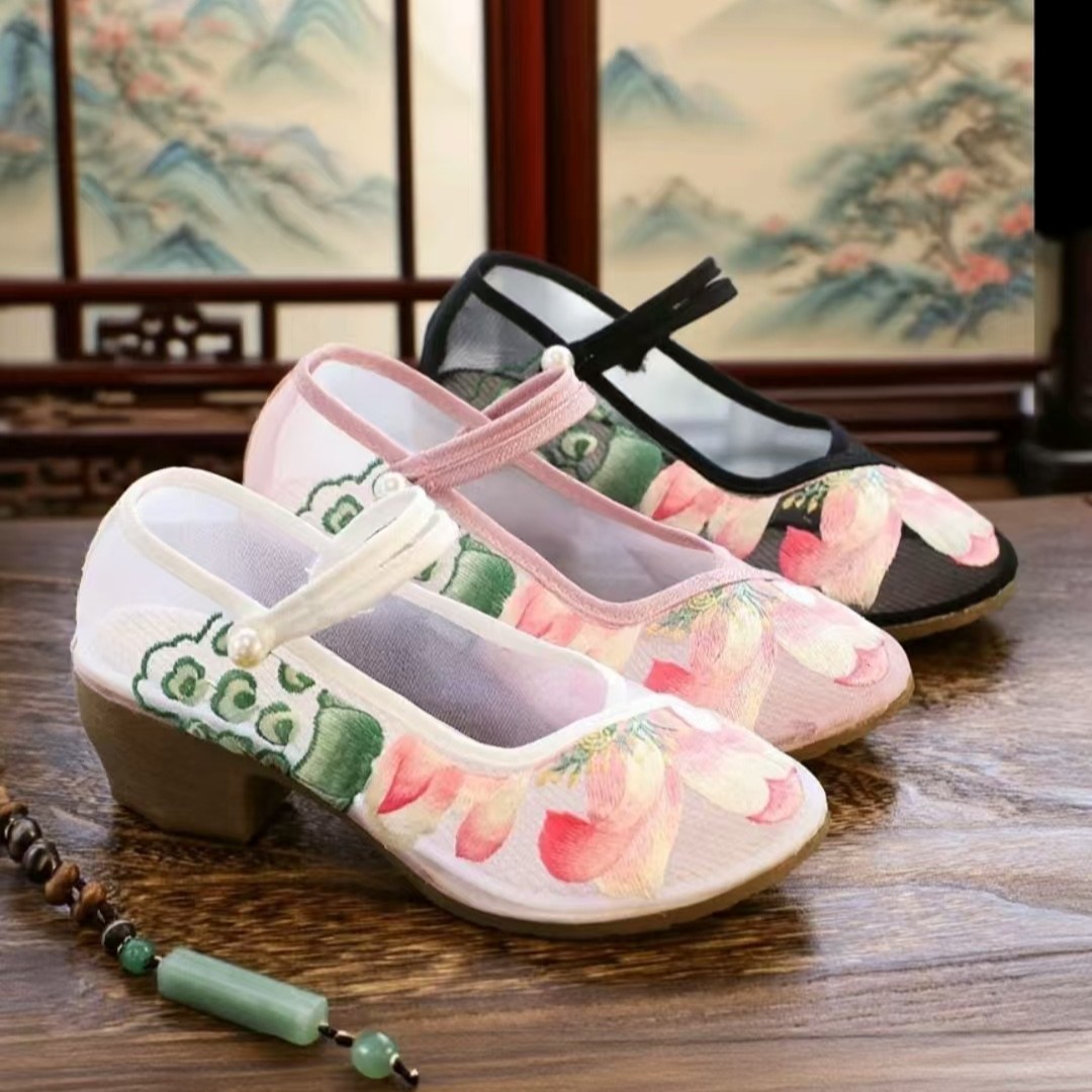 Mesh shoes square heel high heel mesh embroidered shoes cloth shoes national style antique lotus embroidery women's shoes sandals
