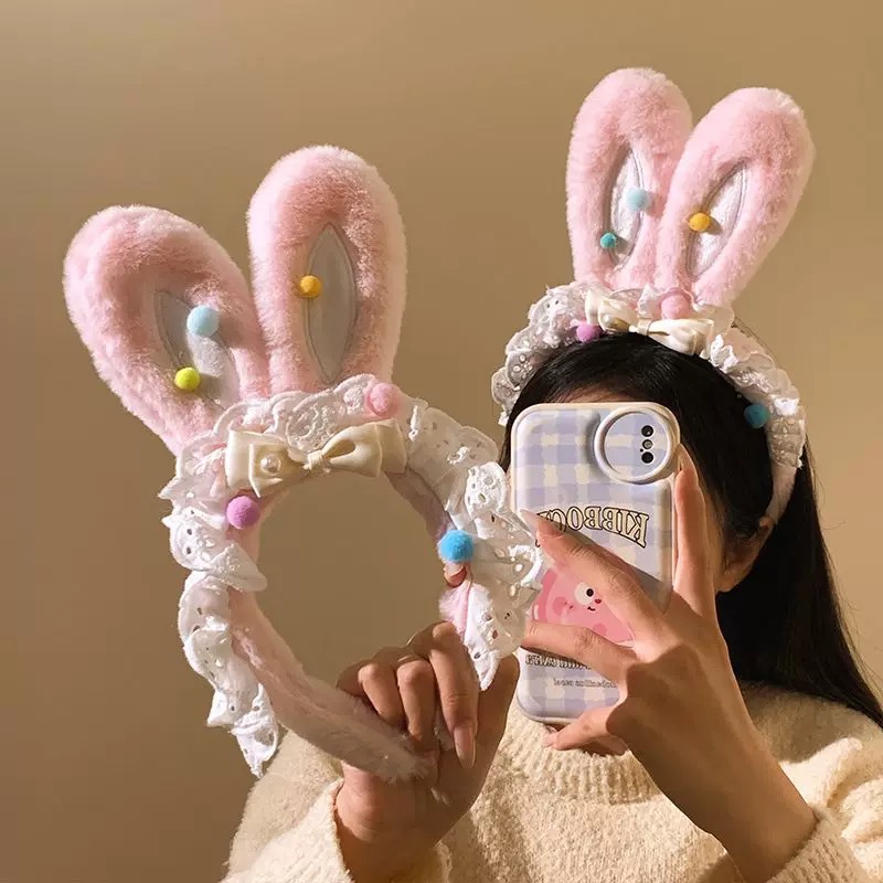 Strawberry Jade Rabbit Cute Pink Rabbit Ears Lace Stuffed Headband Women's Face Wash Makeup Photo Hair Accessories Headband Autumn and Winter