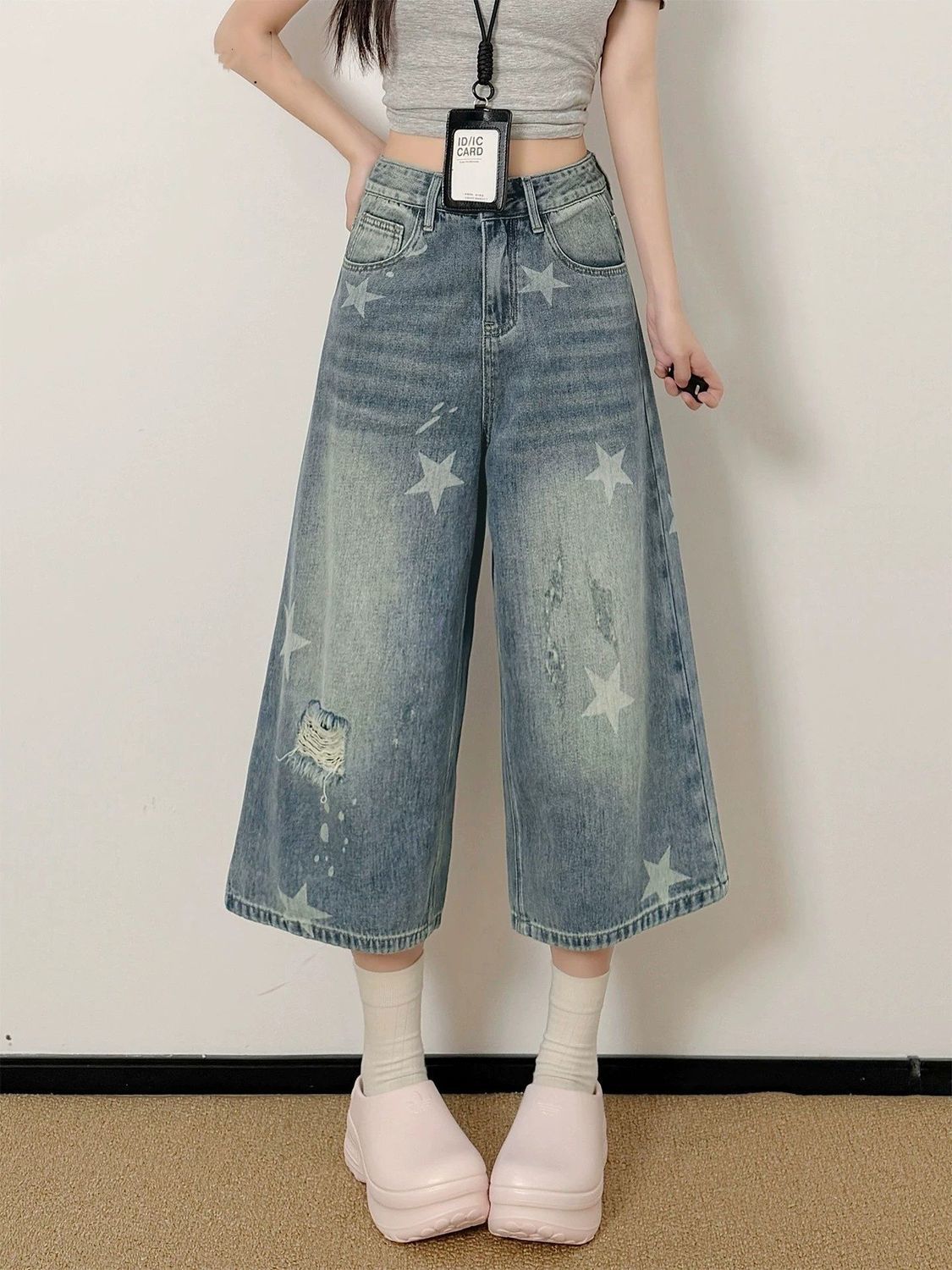 American-Style Star-Patterned Ripped Cropped Jeans for Women, 2026 Summer New Style, Loose Fit for Pear-Shaped Body, Slimming Wide-Leg Jeans