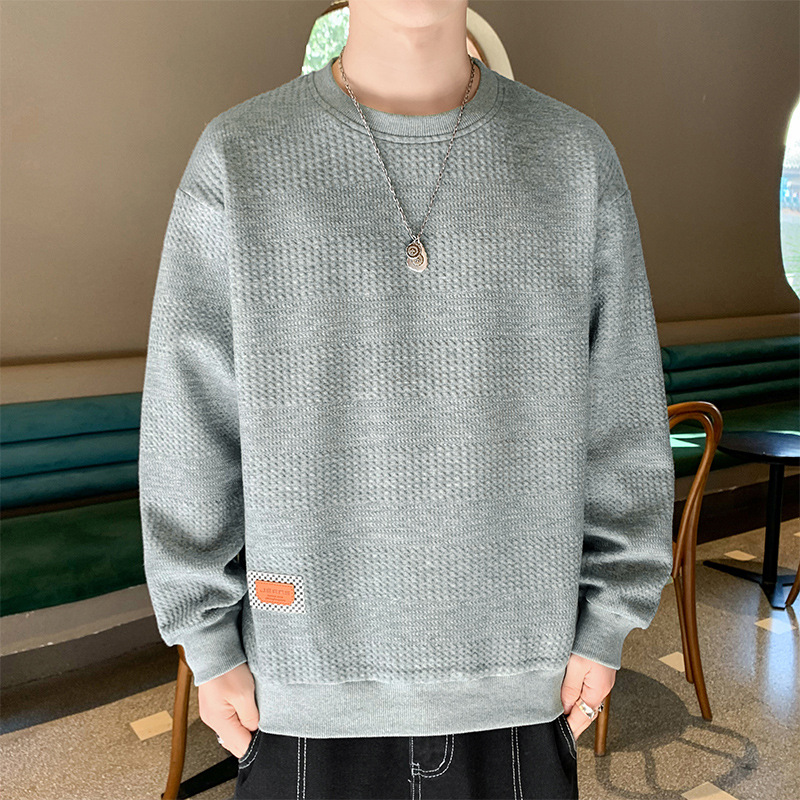 Men's Clothing 2026 Spring and Autumn Sweatshirt Men's New Hong Kong Style Trendy Solid Color Jacquard Fabric Round Neck Loose Casual Top