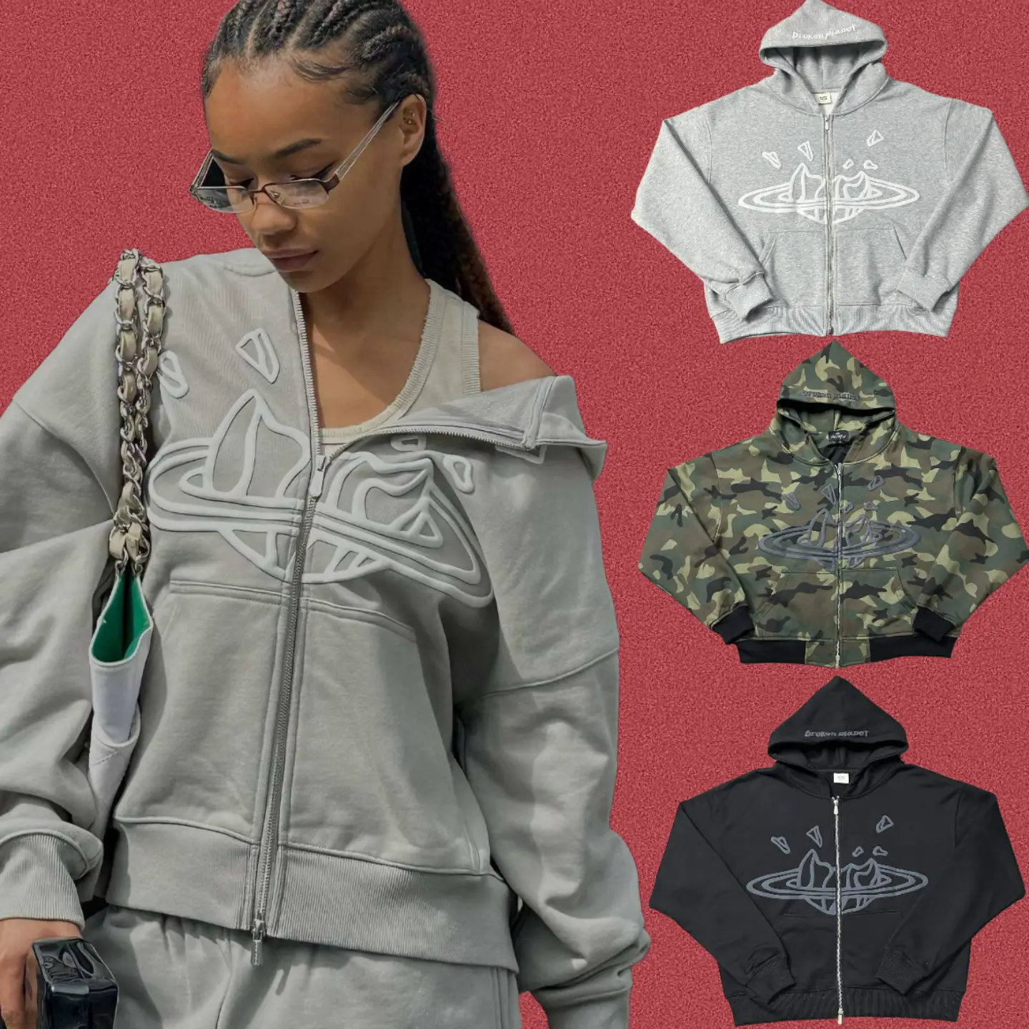 Correct Version Broken Planet American Street Style Retro Foam High-Street Zip-Up Hoodie and Sweatpants Trendy