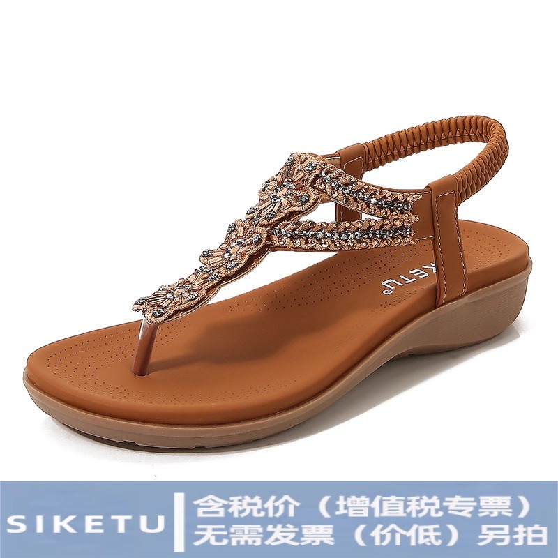 2026 Summer New Style European and American Retro Rhinestone Beaded Soft and Comfortable Vacation Beach Wedge Sandals for Women