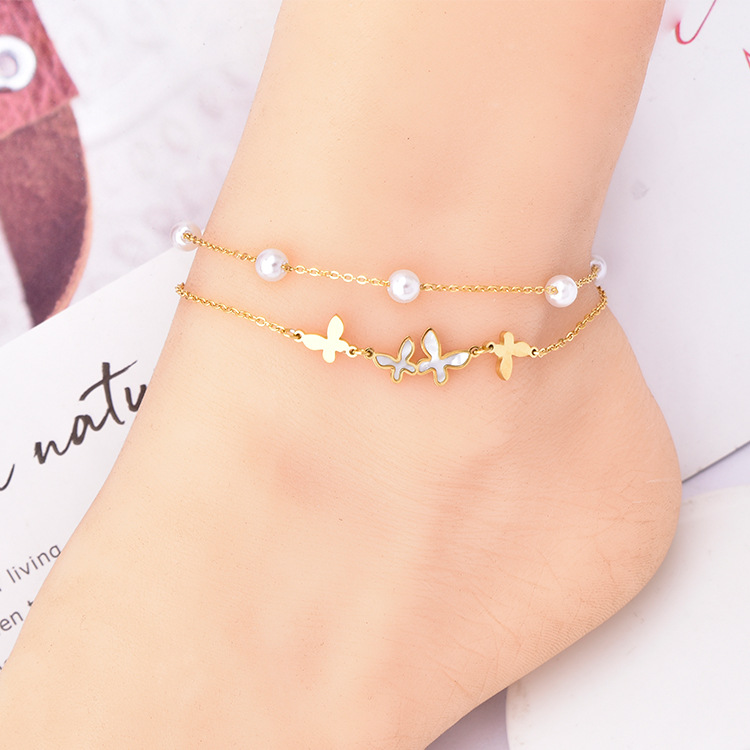 Korean style new double-layer anklet pearl shell butterfly titanium steel waterproof sweat-proof girl anklet gold steel color in stock