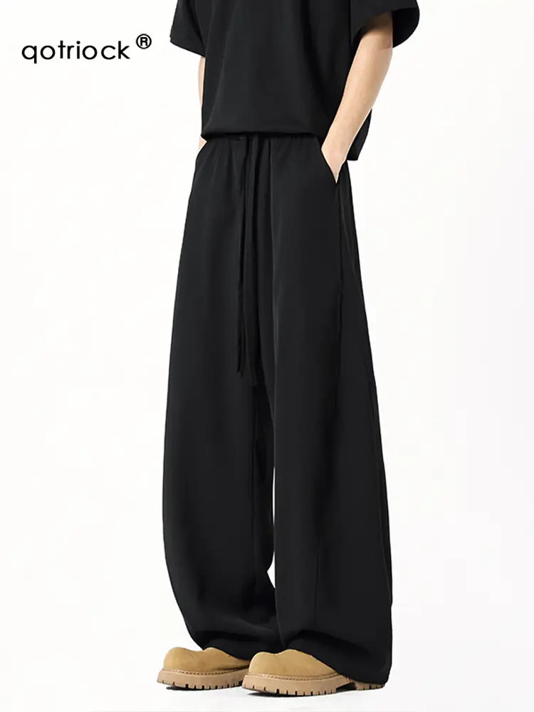 American-Style Ice Silk Scimitar-Cut Trousers for Men and Women, Autumn Solid Color Cleanfit Drape Casual Sweatpants, Wide-Leg Sports Pants