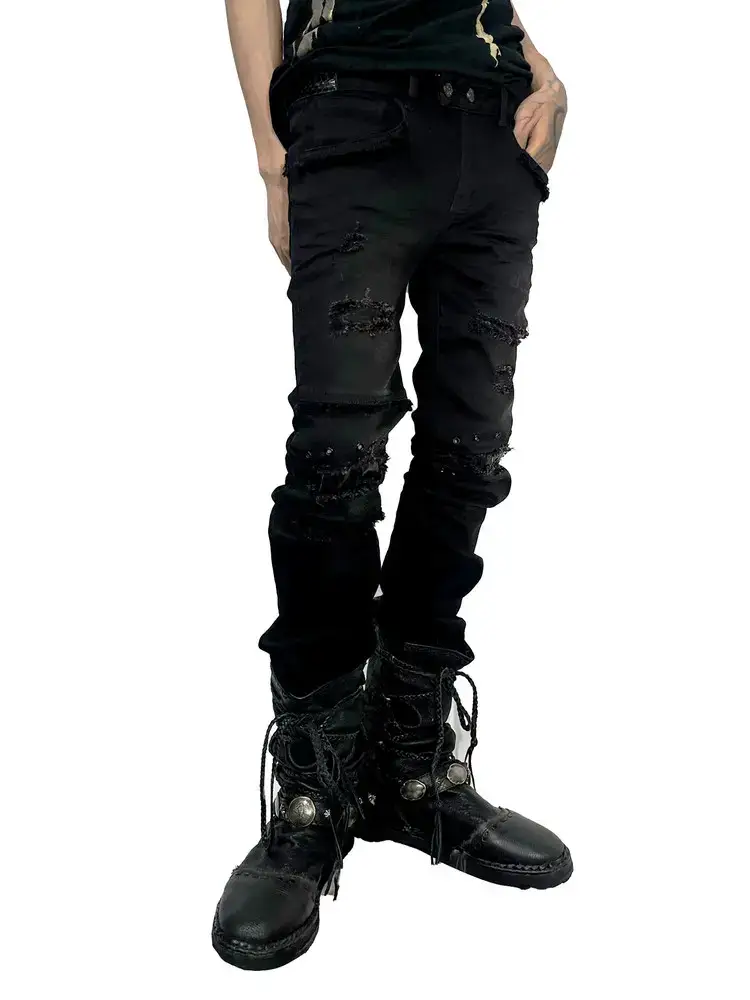 Fromtheisland (Fti) Skinny Washed Denim Pants with Snakeskin Patchwork, Tight-Fitting Distressed Washed Long Pants