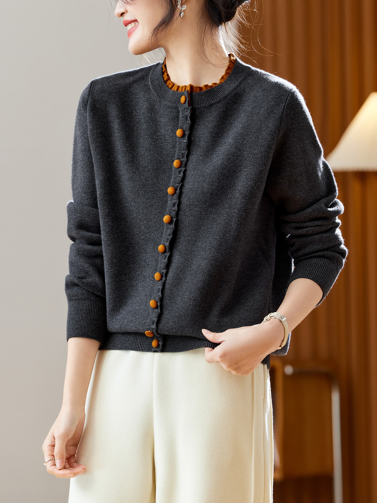 Cotton Cocoon Edge Color-Blocked Round Neck Knit Sweater for Women, Long Sleeve, 2026 Spring New Cardigan Sweater Coat