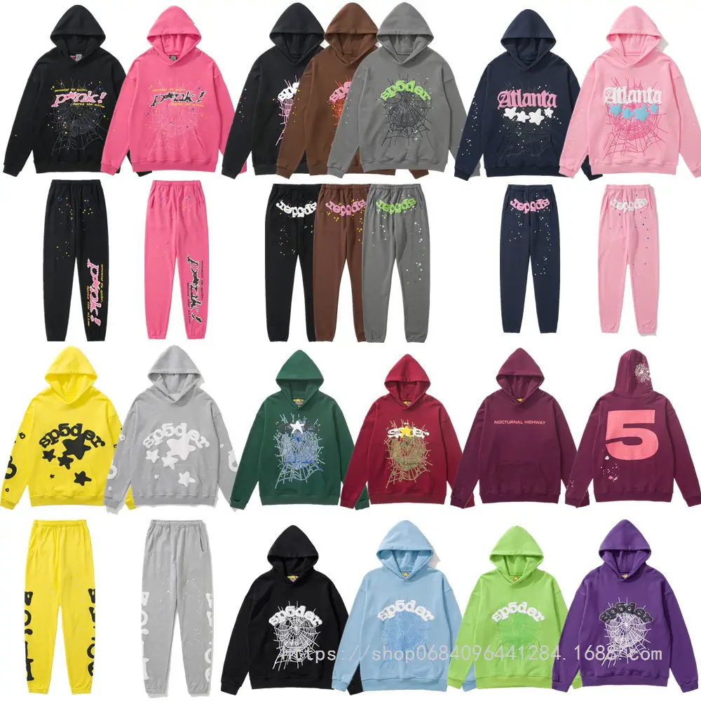 2024 New Autumn and Winter 55555 Spider Print Terry Hooded Sweatshirt American Street Casual Loose Hoodie
