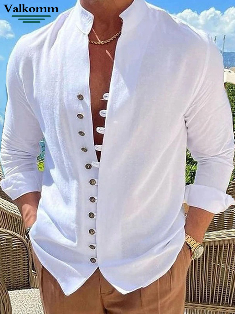 Laikke 2026 Cross-Border Amazon Linen Button Casual Shirt for Men, Summer Hot-Selling Loose Stand-Collar Long-Sleeve Shirt