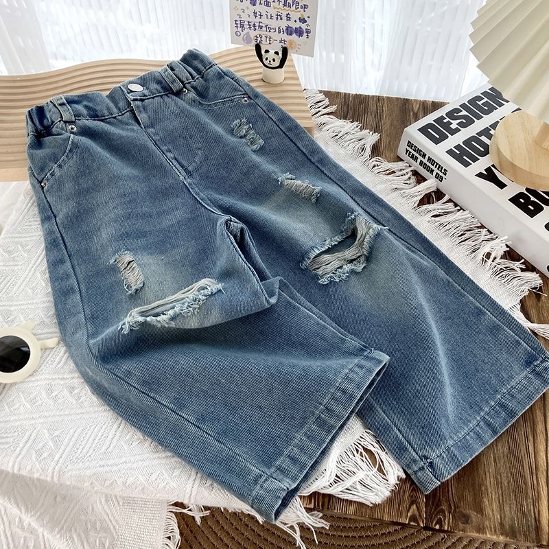 Spring and Autumn Men's and Women's Children's Wear Jeans Baby Western Style Children's Personality Trendy Korean Style Fashionable Hole Beggar Straight Long