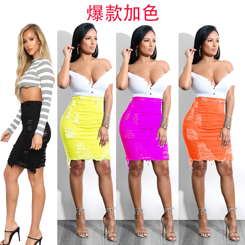 2024 Spring and Summer Internet Celebrity New Ripped Hip Skirt American Amazon Manufacturer Spot Wish Women's Denim Skirt