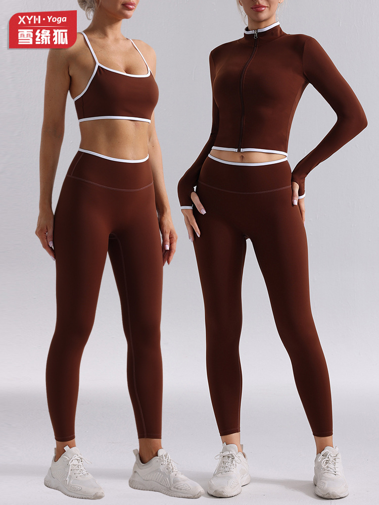 Naked Contrast Color Yoga Clothing suit Women's Beautiful Back Sports Underwear with Vertical Collar and Zipper Long Sleeve Running Hip Yoga Pants