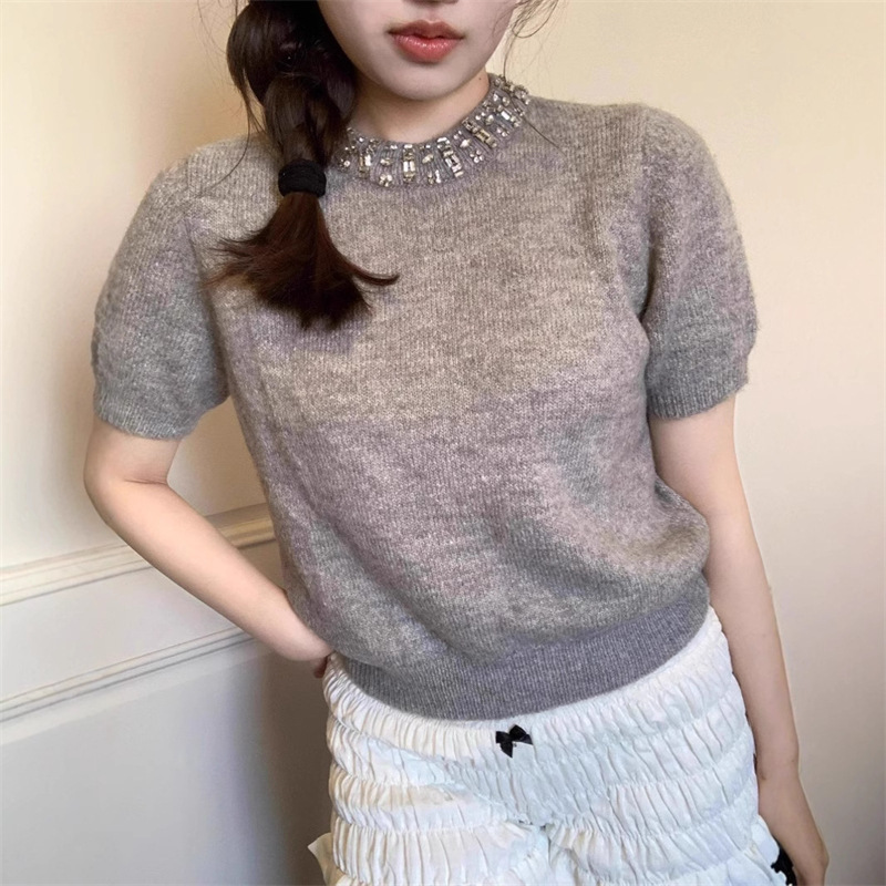 Summer Miu Sweater with Diamond Short-sleeved T-shirt Women's Spring and Summer Loose mohair Knitted Sweater All-match Short Top