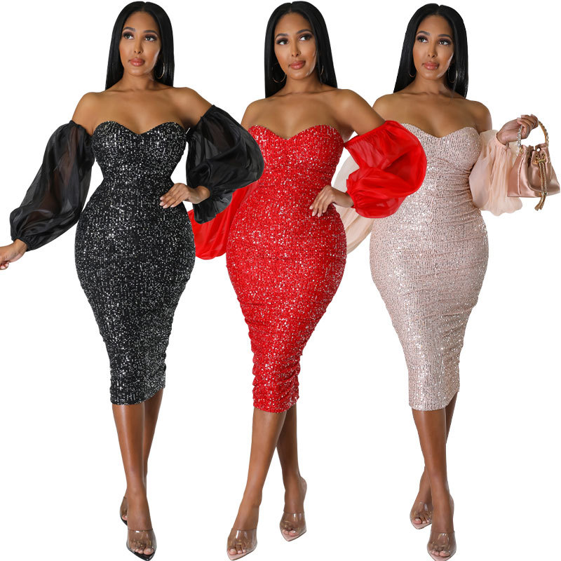 339 European and American Clothing French Tube Top with Sleeves, Elegant Cross-Border Slim Sequined Hip-Covering Elegant Sexy Dress