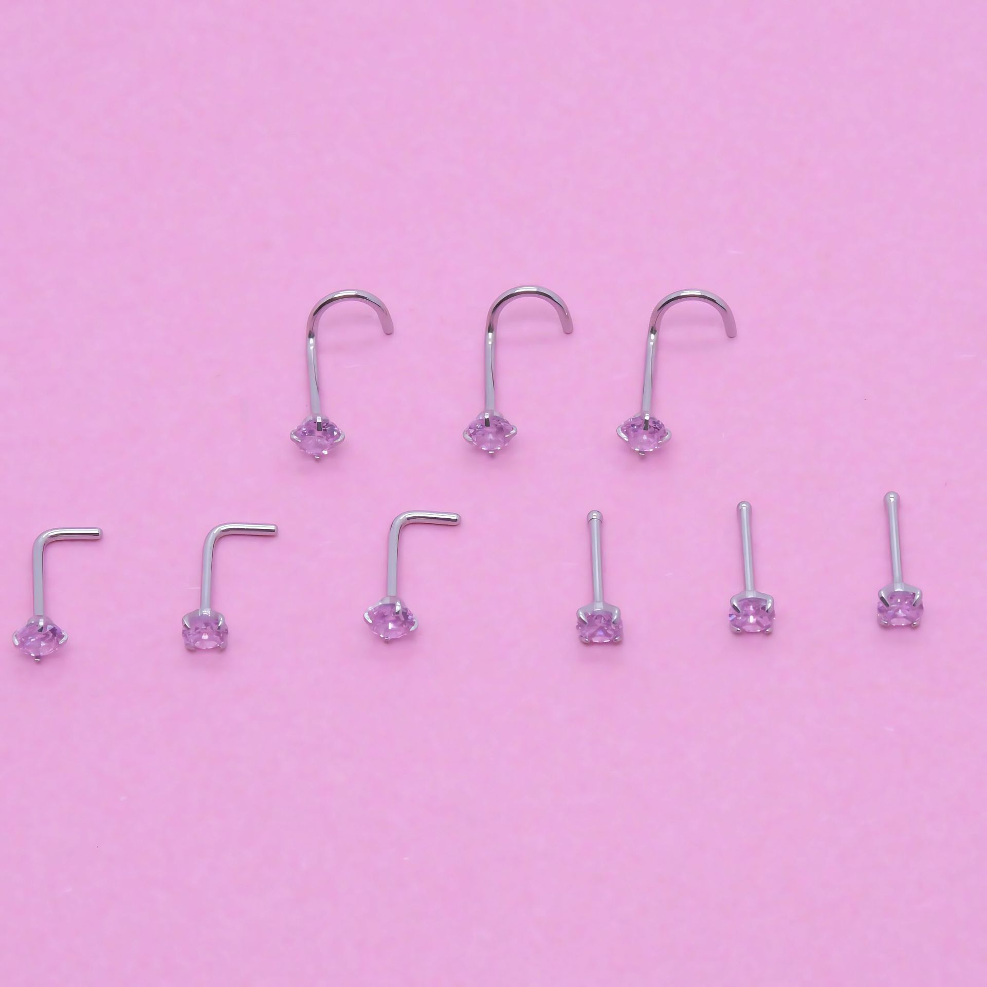European and American Hot-Selling Zircon Nose Nails Round Diamond Stainless Steel Straight Rod L Rod 5-Shaped Rod Nose Nails Cross-Border Piercing Jewelry Wholesale