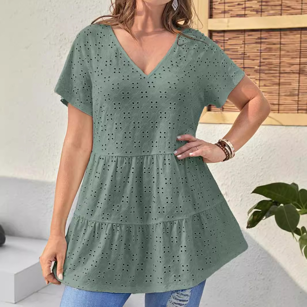 Europe and the United States cross-border foreign trade spring and summer new women's holiday leisure fashion loose four-leaf clover solid color stitching short sleeve women