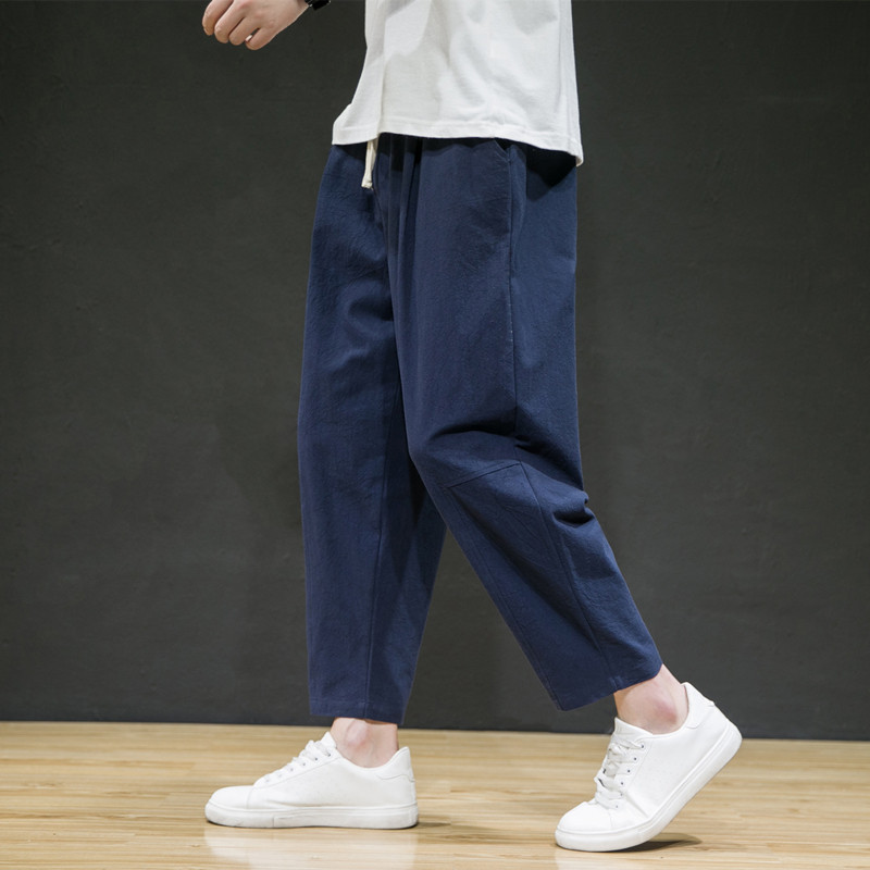 Summer New Cotton-Linen Casual Pants for Men, Loose Straight-Leg Pants, Linen Sports Black Cropped Wide-Leg Pants, Trendy Brand