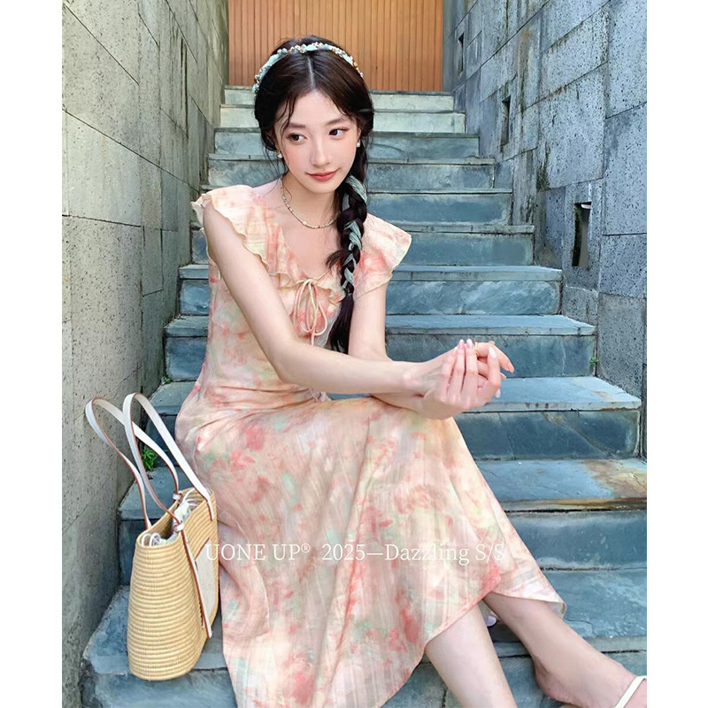 Hera French Style 2026 Summer New Lace-Up Waist Slimming Flutter Sleeve Romantic Gentle Temperament Dress for Women