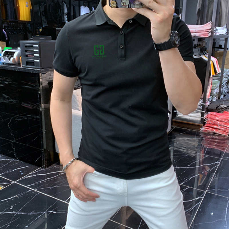 Lapel Short-sleeved Polo Men's 2025 New Fashionable All-match Slim-fit Handsome Middle-aged and Young People's Letters Top with Collar Buckle