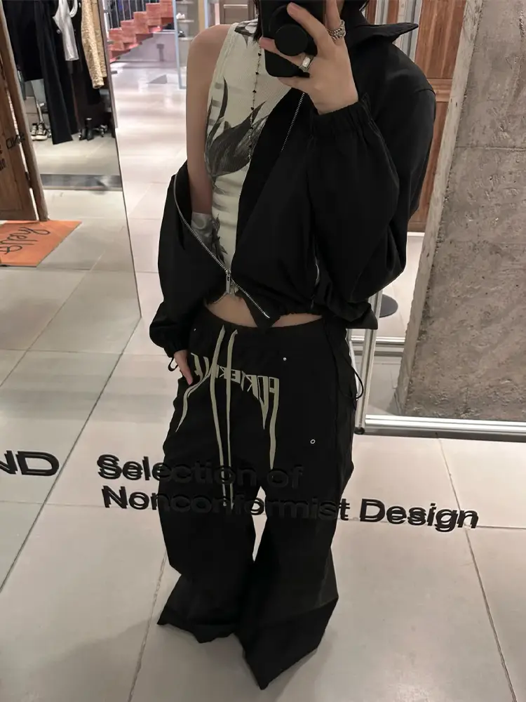 Ro Style Dark Embroidered Letter Workwear Silhouette Wide-Leg Low-Rise Loose Drape Micro-Flared Long Pants Men's Trendy Brand