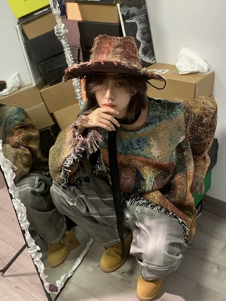 「Rabbit.B」1Of1 Remake Vintage Distressed Knitted Long-Sleeve Pullover Crew Neck Tassel Sweatshirt