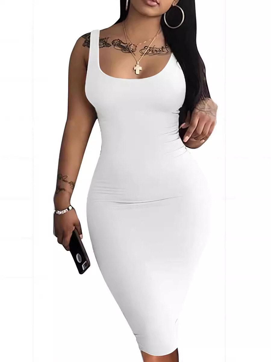 Spot European and American Aliexpress Ebay Amazon Wish Sexy Slim Vest Sleeveless Pure Color Dress Wholesale
