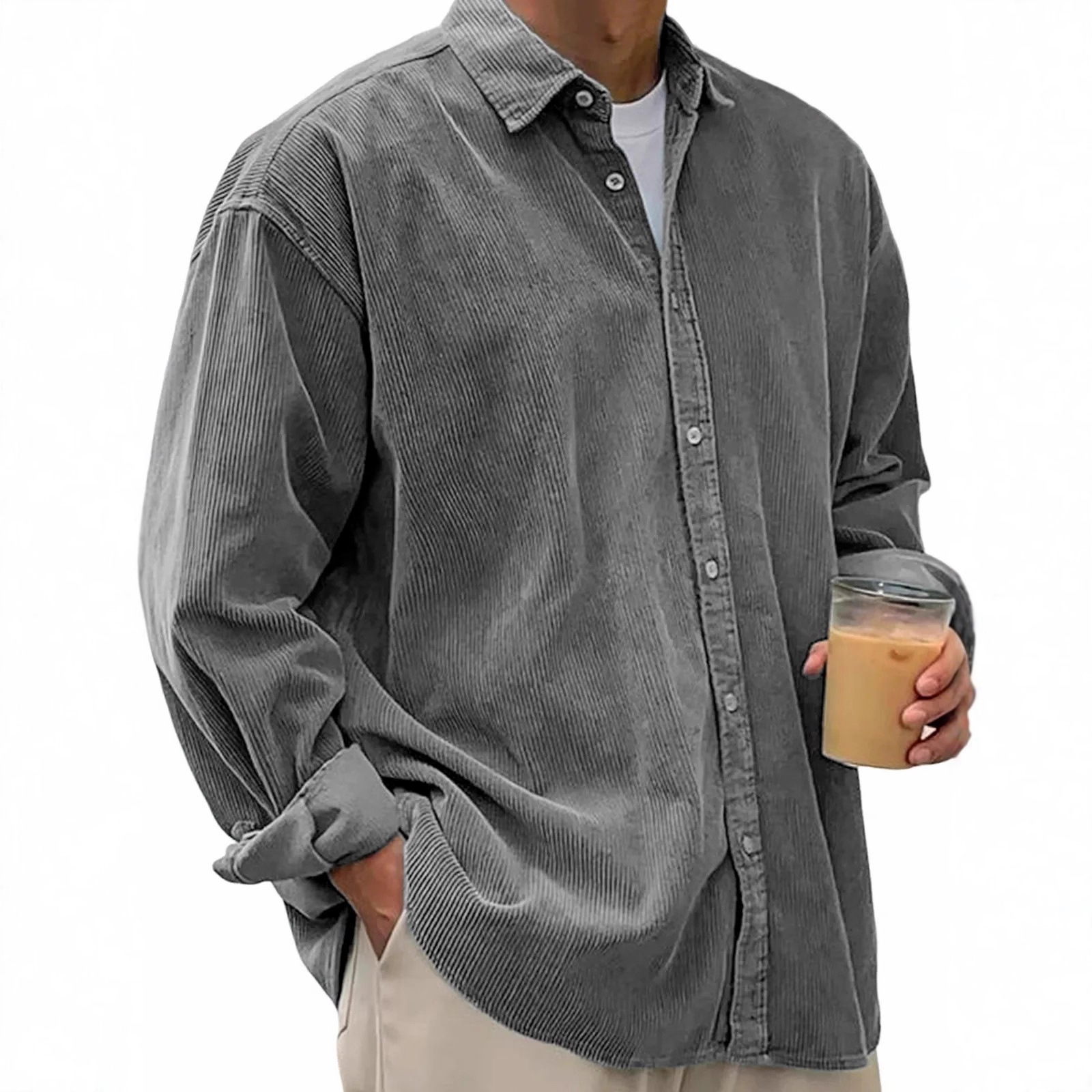 2026 European and American Men's Casual Loose Solid Color Corduroy Lapel Shirt Cross-Border Independent Site Wish Amazon