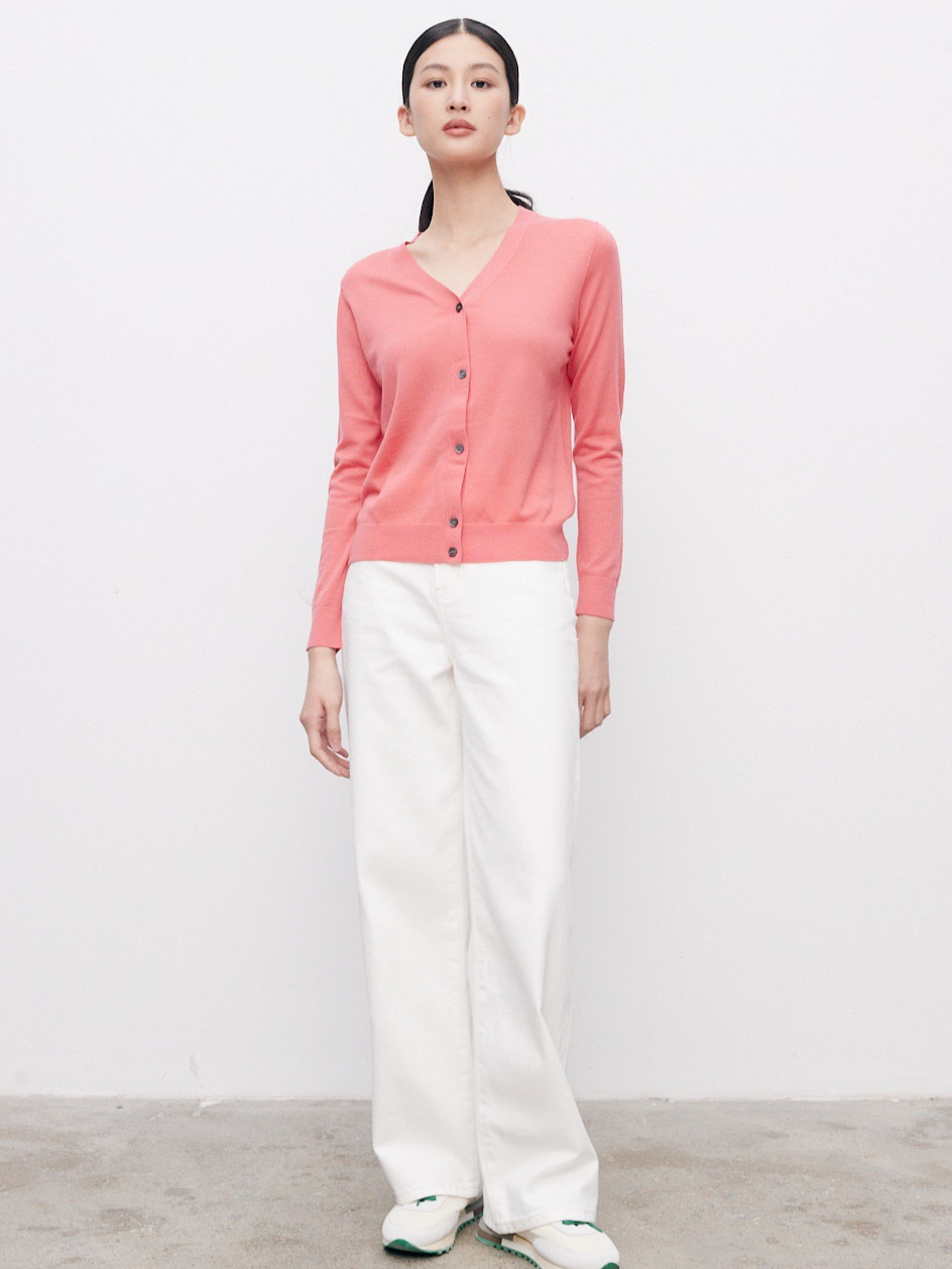 Classic Th Cardigan, Fashionable and Urban, Simple Merino Wool Basalan Long-Sleeved Knitted Cardigan for Women
